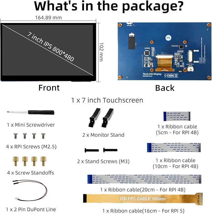 7 Inch Raspberry Pi Monitor Touchscreen 800x480 DSI IPS Display 5-Point Touch Capacitive Screen for Raspberry 5/4B/3B+/3B/B+/A+ Driver-Free
