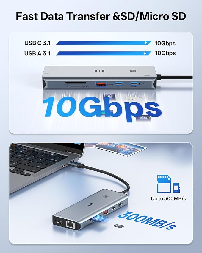 USB C Docking Station 3 HDMI Selore 12-in-1 Docking Station 3 Monitors with Triple HDMI 10Gbps USB A/C 3.1 100W PD Charging Gigabit Ethernet SD/microSD Card Reader for Dell/HP/Lenovo Laptops