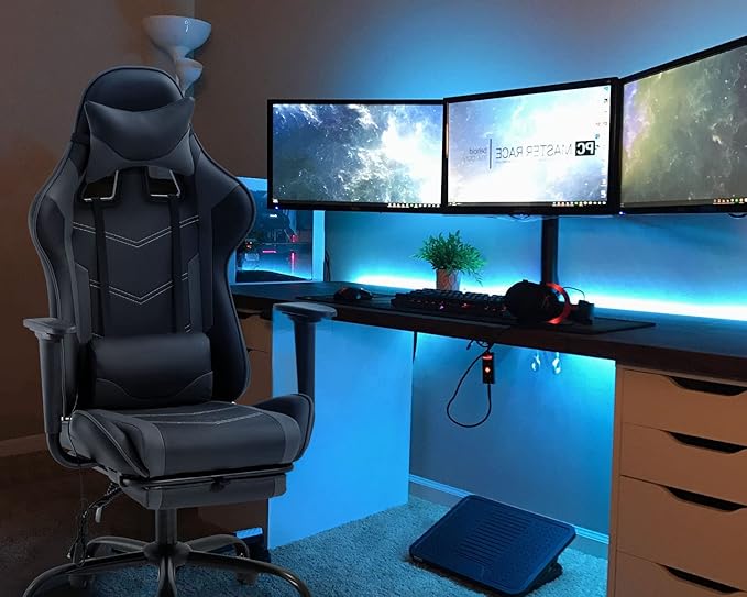 Ergonomic Big and Tall Gaming Chair - Massage Function Lumbar Support Footrest &amp Armrest - PU Leather Racing Style Chair for Adults