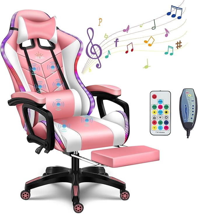 XOOFMASS RGB Gaming Chair with Speakers and LED Light 7 Points Ergonomic Massage Video Game Chair High Back 90°-135° Adjustable PU Leather E-Sport Computer Chair with Headrest &amp Lumbar Support