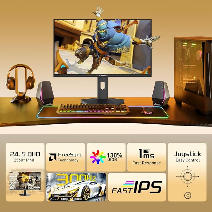 SANSUI 24.5 Inch QHD Gaming Monitor 300Hz 1ms Fast IPS Computer Monitor 2× HDMI 2.1 + 2× DP 1.4 Ports 130% sRGB Eye Care VESA Support (DP Cable Included ES-G25F6Q Pro)