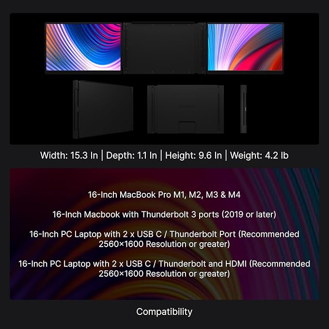 16 Pro Triple Laptop Screen Extender Dual 16 2k Portable Monitors 144Hz 100% DCI-P3 Compatible with 16 MacBook Pro M1 M2 M3 M4 &amp Windows Laptops for Gaming Creators &amp Professional