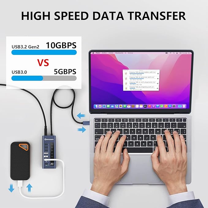 Minisopuru Powered USB C Hub 7 in 1 USB-C Hub Support 10Gbps Data &amp 20W Charging USBC Hub Powered Multiport Adapter for MacBook Pro/Air iMaciPad Phone Surface Dell etc.(Not Support Video)