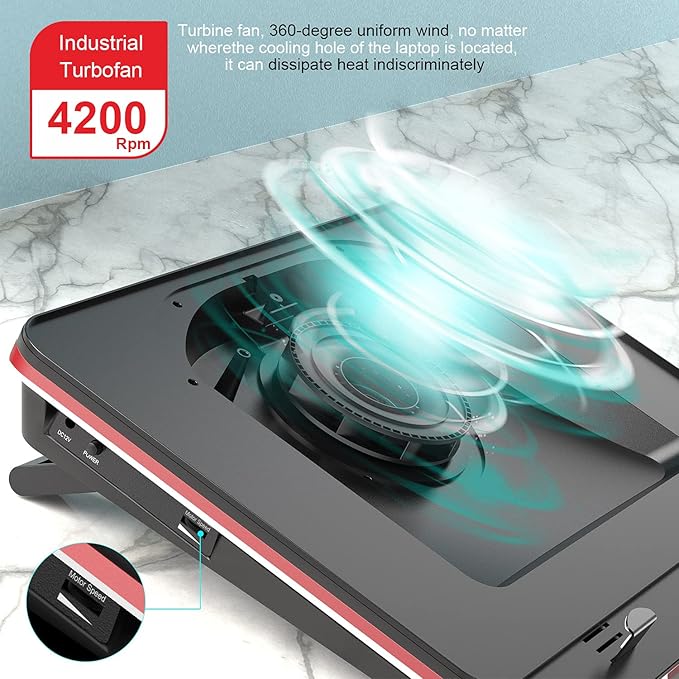 GT500 Powerful Turbo-Fan (4200 RPM) Laptop Cooling Pad with Infinitely Variable SpeedSeal Foam for Rapid Cooling Gaming LaptopDust Filter for Protect Laptop13-17.3inch Laptop Cooler