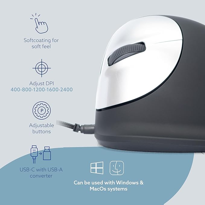 R-Go HE Vertical Ergonomic Mouse for Large Left-Handed with Break Software USB-C Wired Prevents Tennis Elbow/Mouse Arm RSI Silent Click 5 Buttons - Compatible Windows/MacOS Black/Silver