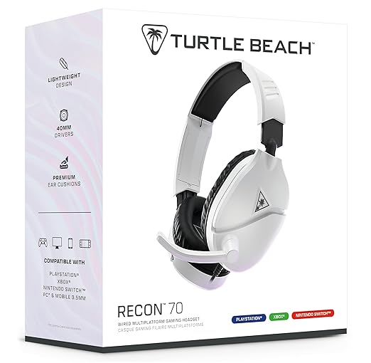 Turtle Beach Recon 70 Multiplatform Gaming Headset for PS5 PS4 Xbox Series X|S Xbox One PC &amp Mobile w/ 3.5mm Wired Connection - Flip-to-Mute Mic 40mm Speakers Lightweight Design White