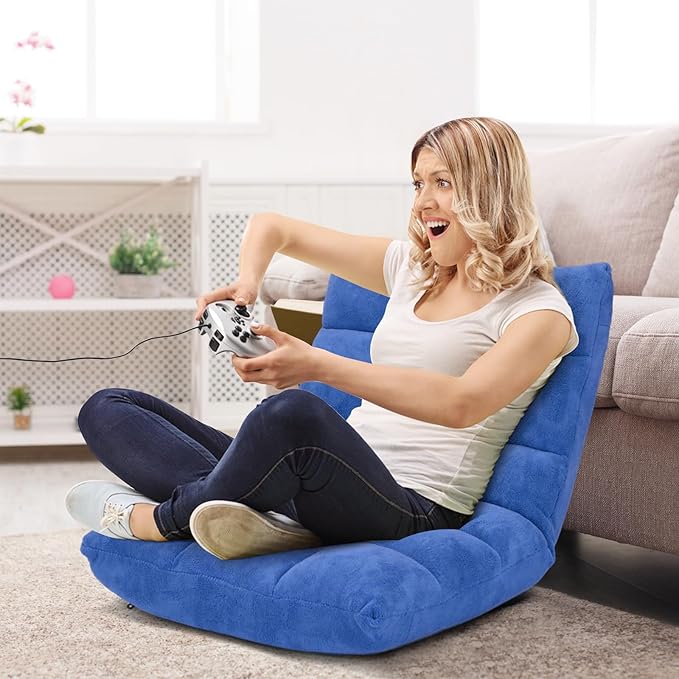 14-Position Lazy Sofa Chair with Soft Coral Fleece Folding Gaming Chair Couch Recliner Floor Seat for Reading Meditating Yoga (Blue)