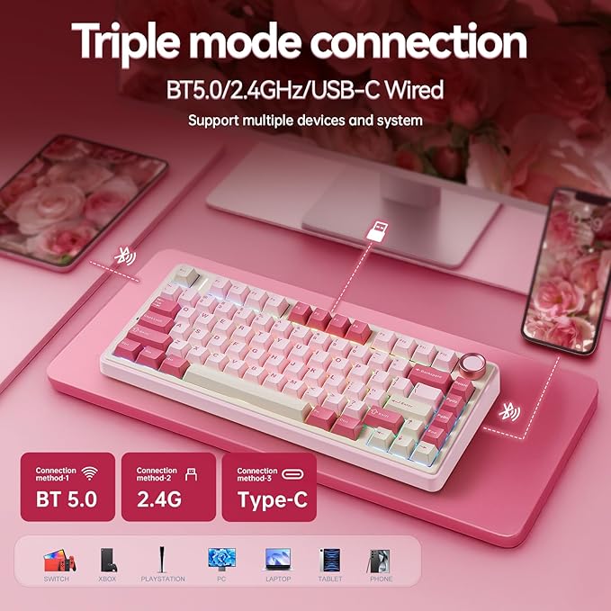 AULA F75 Wireless Keyboard 75% Gaming Keyboard Hot Swappable with Creamy SoundBluetooth/2.4GHz/USB-CCustom RGB Mechanical Keyboard for PC Gamer - Pink