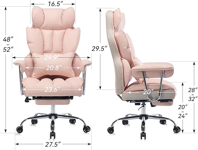 Big and Tall Office Chair 400lbs - Heavy Duty Executive Desk Chair with Footrest High Back PU Leather Ergonomic Computer Chair with Extra Wide Seat &amp Thick Cushion for Home Office (Pink)