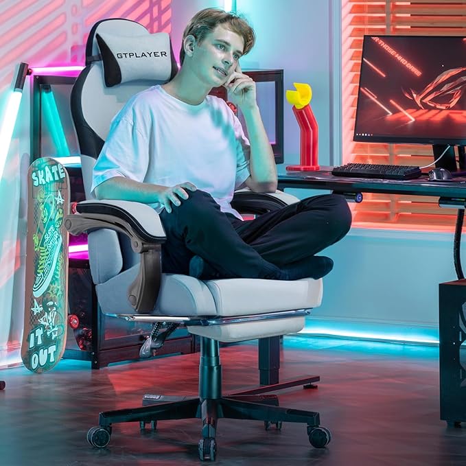 GTPLAYER Gaming Chair Computer Office Chair Lumbar Support Linkage Armrests and Footrest Ergonomic Game Chair for Adults with Extended Backrest Velvet Fabric Light Blue