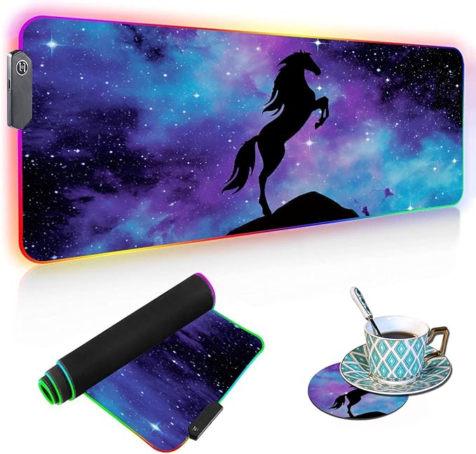 RGB Gaming Mouse Pad with Coffee Coaster Blue Galaxy Nebula Horse Design XXL Large Glowing LED Mousepad Anti-Slip Rubber Base Computer Keyboard Desk Mouse Mat 31.5 X 11.8 Inch
