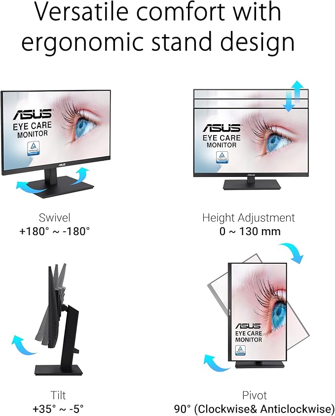 ASUS 24” 1080P Monitor (VA24EQSB) - Full HD IPS 75Hz Built-in Speakers Eye Care Low Blue Light Flicker Free VESA Mountable Height Adjustment Frameless DisplayPort HDMI VGA USB HubBlack
