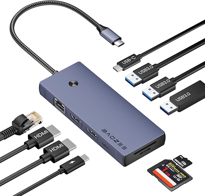 Laptop Docking Station Dual Monitor 10-in-1 USB-C Hub with Dual HDMI 4K Ethernet PD 100W Charging USB 3.0 USB-A and USB-C with 5Gbps Data Transfer SD/TF Card Reader for MacBook and More