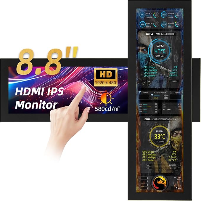 iPitstBit 8.8 Inch Touchscreen Monitor 1920x480 PC Temperature Display PC Sensor Panel Display IPS USB Mini Screen for Raspberry Pi AIDA64 CPU RAM Data Monitor ARGB Computer Case