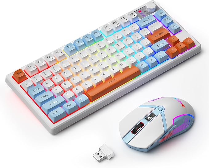 BlueFinger 75% Wireless Gaming Keyboard and Mouse with Smart Display Rechargeable Light Up Wireless Keyboard with Knob Control RGB Backlit Gaming Mouse for Mac Laptop Computer PC Gamer