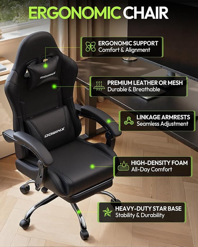 Dowinx Ergonomic Gaming Chair with Footrest &amp Massage Lumbar 2D-Linkage Armrests for Computer Chair 330lbs with Headrest Pillow for Office Home Streaming and Long Gaming Sessions Black