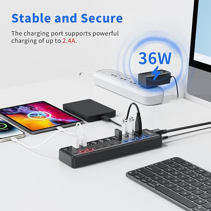 Powered USB Hub JESWO 11-Port USB 3.0 Hub (7 Data Transfer Ports + 4 Smart Charging Ports) with Individual LED On/Off Switches USB Hub Powered with 12V/3A Power Adapter for Mac PC