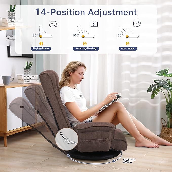 Linen Fabric Ergonomic Gaming Chair 6-Position Reclining Sofa Bed with Lumbar Support Foldable Floor Lounger with Thick Cushion Armrests &amp Side Pockets for Esports Reading Napping (Brown)