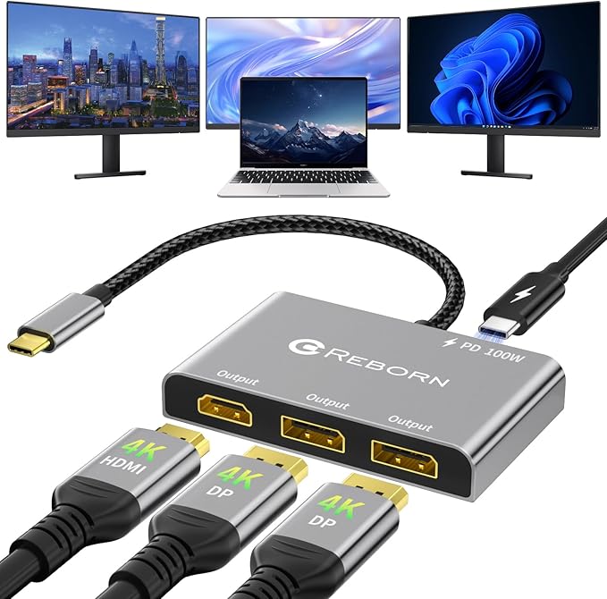 Reborn USB-C to Dual DisplayPort Adapter and 1 HDMI with 100W PD 4K@60Hz USB Type-C 1 in 3 Out Splitter Display Port Splitter for 3-Port USB-C Multi-Monitor Adapter with PC/macOS/Linux and More
