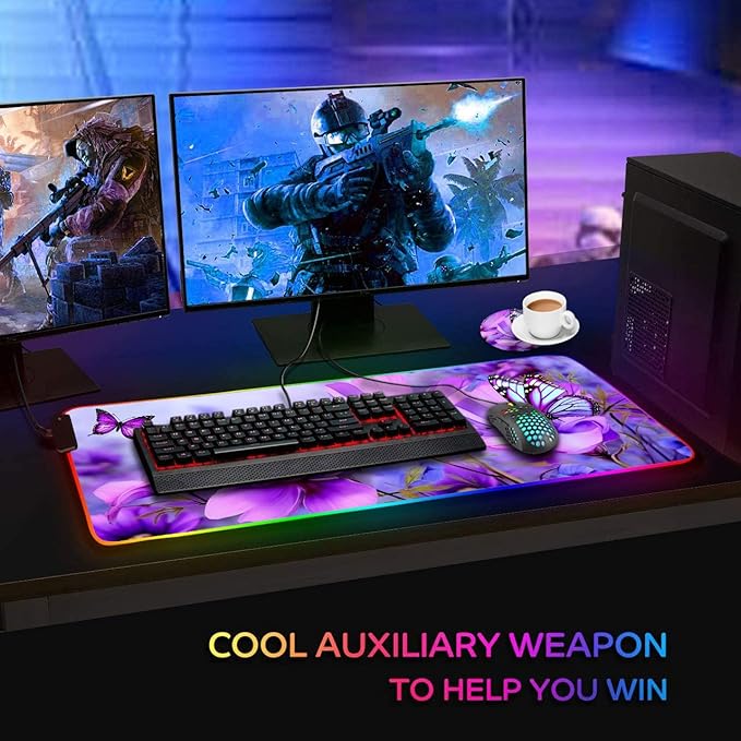 RGB Gaming Mouse Pad and Coffee Coaster XXL Large Glowing LED Mousepad Anti-Slip Rubber Base Computer Keyboard Desk Mouse Mat 31.5 X 11.8 Inch - Purple Flowers and Butterfly