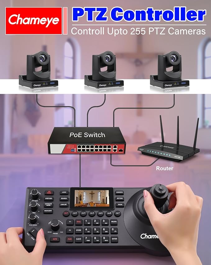 Chameye PTZ Camera 20x Optical Zoom AI Auto Tracking HDMI PTZ Camera Bundle with PTZ Controller for Church Worship Education Events C720+E300