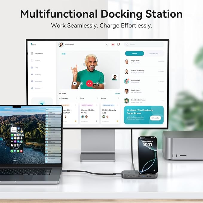 MOKiN USB C Hub 15W Wireless Charger Qi2 Certified Magsafe Charging Stand with 4K@60Hz HDMI 100W PD 10Gbps USB C/A and 5W Charging Pad Laptop Docking Station for MacBook/Windows