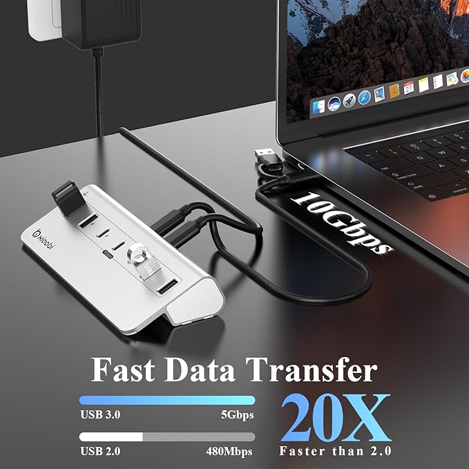 USB C HubPowered USB Hub with 5V 3A Power Adapter 10Gbps USB Splitter with 4 USB-A and 3 USB-C Ports 7-Port Type C Multiport Adapter for MacBook Air/Pro iPhone 16/15 Laptop and More(Silver)