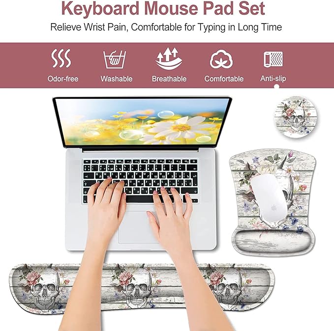 Mouse Pad with Wrist Support Ergonomic Gel Mouse Pad Memory Foam Keyboard Wrist Rest Suitable for Office Typing Games Desktop Decoration Pattern Design of Skull Skeleton Flowers on Vintage Wood