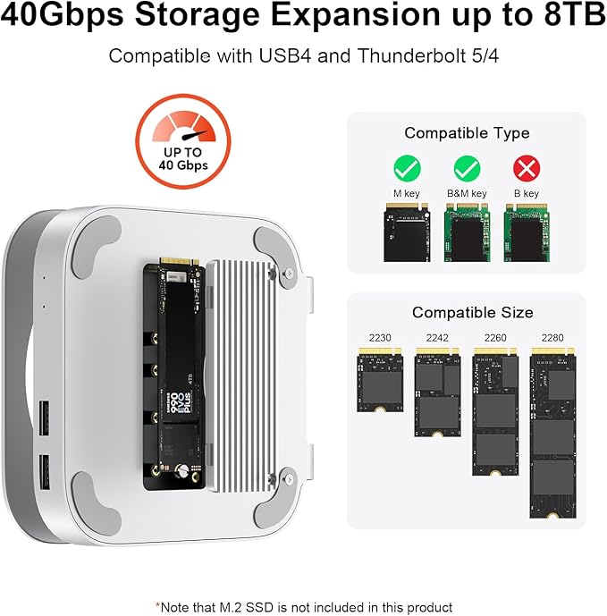 Qwiizlab 40Gbps Mac mini M4/M4 Pro Stand Hub with USB4 NVMe SSD Enclosure USB-C Host 3 USB-A 2.0 3.5mm Audio Supports M.2 PCIe up to 8TB Compatible with Thunderbolt 4/5