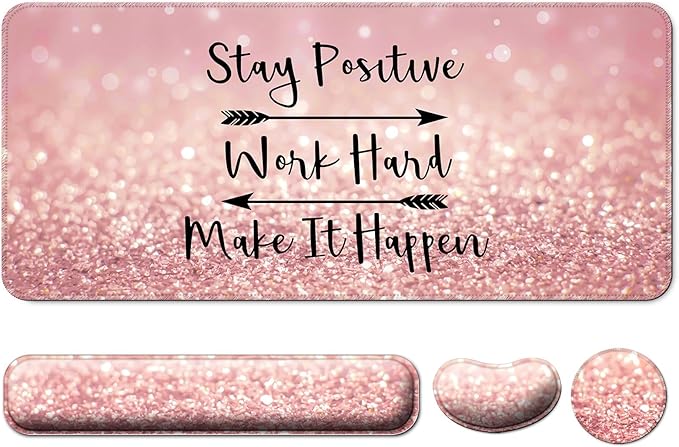 Keyboard Wrist Rest + Mouse Pad with Wrist Support + Desk Mat + Coaster 4 in 1 Set XXL Large Gaming Mousepad Cute Ergonomic Mouse Pads for Desk Computer Laptop Office Decor-Pink Words