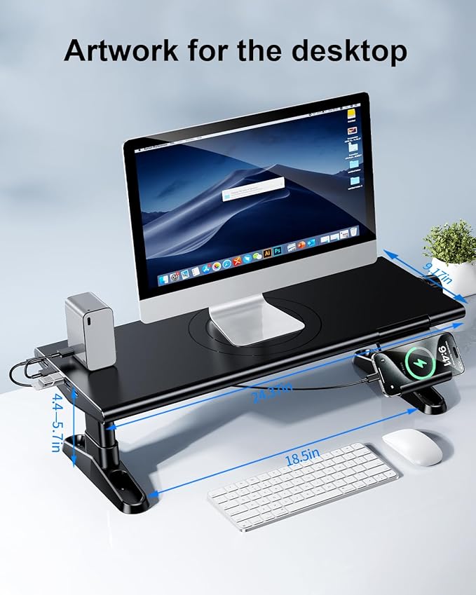 Computer Monitor Stand Riser for Desk with Usb Hub Charging30W/5Gbps Usb C Docking Station with Power4.4-5.7''Freely Height Adjustable with Phone HolderMonitor Stands Riser for PCLaptopPrinterTV