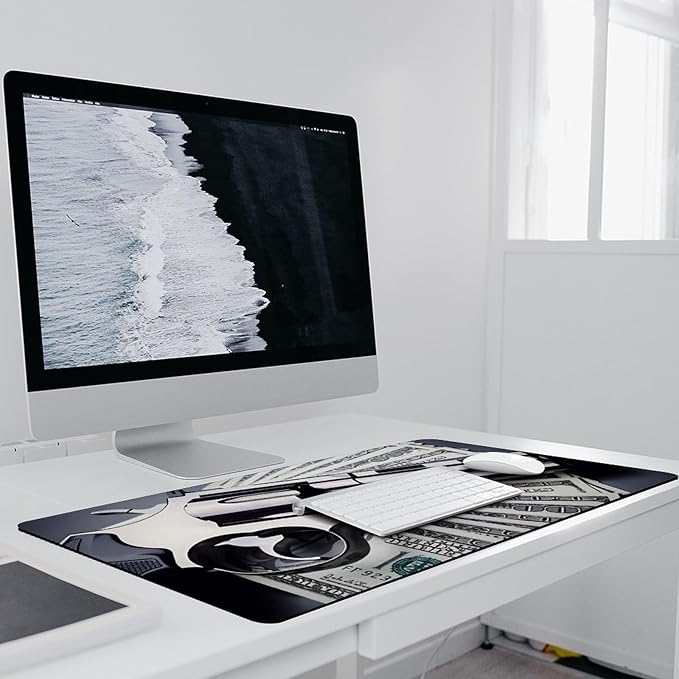 Gun &amp Money Mouse Pad Large Desk Mat Extended Keyboard Mouse Pad with Non-Slip Base and Stitched Edge Mouse Mat Desk Pad 36x16 Mouse Pads for Desk Home Office Gaming