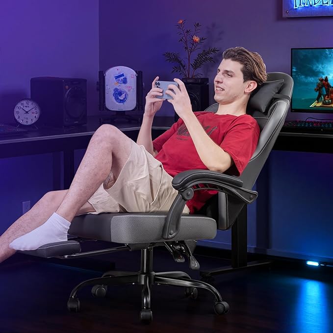 GTPLAYER Gaming Chair with Footrest Recliner Chair with Headrest &amp Lumbar Support Linkage ArmrestErgonomic Gaming Chair High Back Office Home Grey