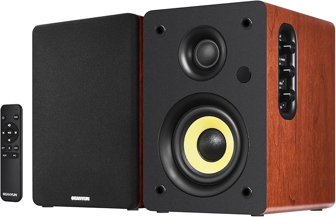 Sanyun SW206 4” HiFi Bookshelf Speakers with Studio Mode 80W Active Bluetooth 5.4/Optical/Coaxial/TRS/Aux/24bit DAC USB for Turntable TV PC Desktop Wooden Enclosure Remote Control Red
