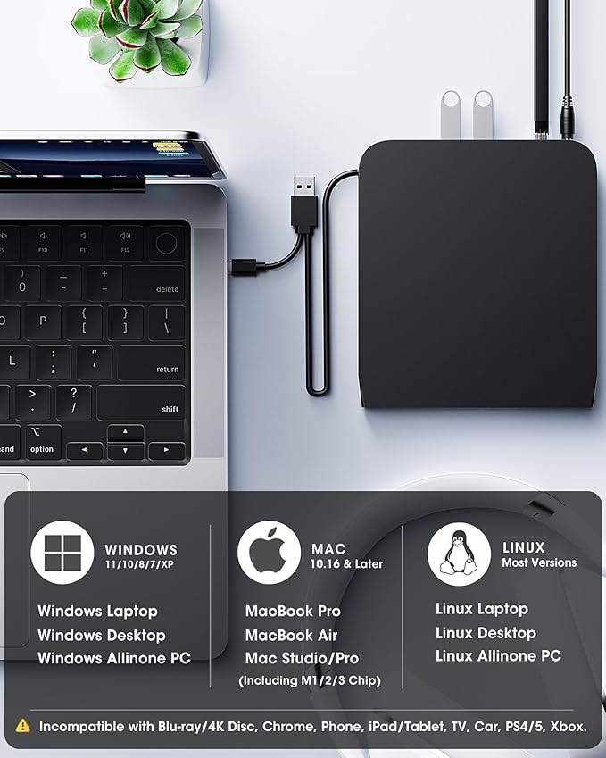 ROOFULL New USB 3.0 External CD DVD Drive with Ethernet Adapter USB-A/C Ports SD/TF Card Slot Carrying Case USB-C CD DVD Reader Burner Writer Player Optical Disc Drive for Windows &amp Mac Laptop