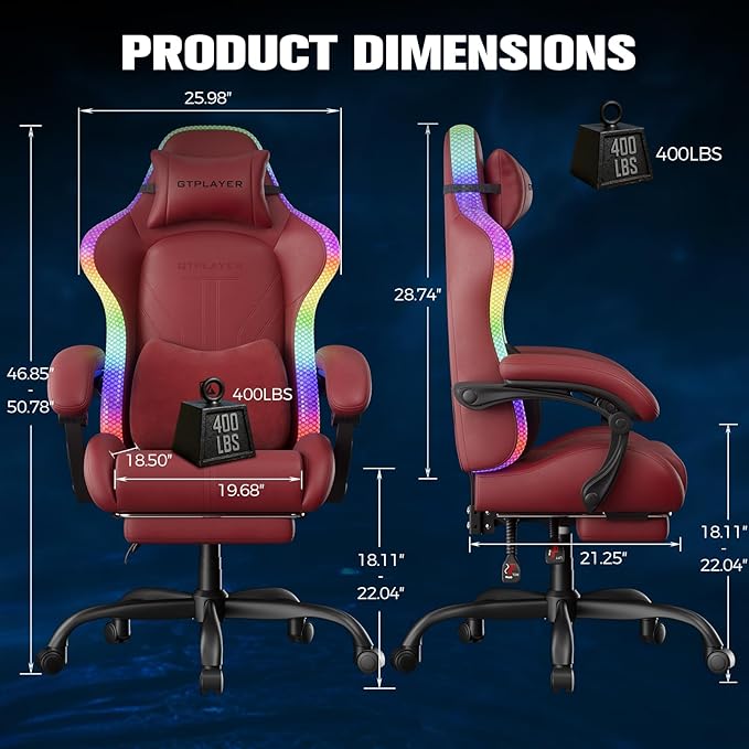 GTPLAYER Gaming Chair Computer Chair with RGB LED Lights High Back Ergonomic Chair for Adults with Footrest Reclining Office Chairs Linkage Armrest Wine Red