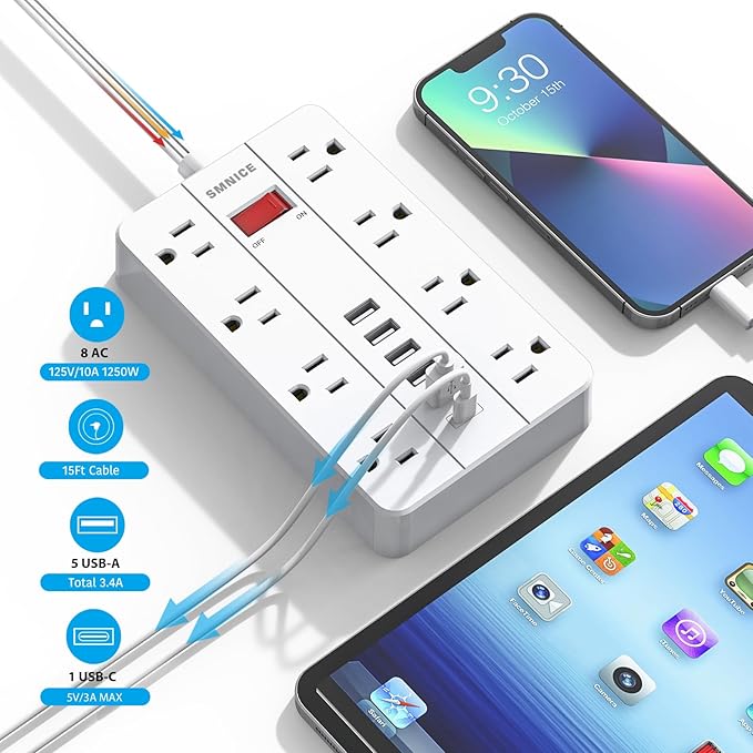 Flat Plug Extension Cord 15 Ft SMNICE Surge Protector Power Strip with 8 Widely Spaced Outlets and 6 USB(1USB C) Ports Wall Mount Long Charging Station for Dorm Home Office Accessories White