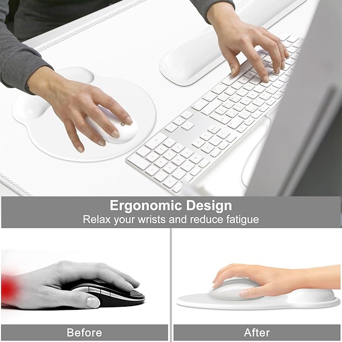 Dapesuom Large Gaming Mouse Pad White Mouse Pads with Wrist Rest Wrist Support 4in1 Big XXL Desk Mat Desk Pad + Ergonomic Mousepad + Memory Foam Keyboard Mat Wrist Rest + Coaster Set for Computer