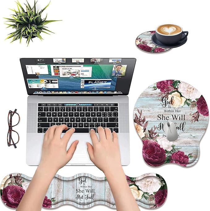 3 in 1 Keyboard Wrist Rest + Mouse Pad and Coaster Ergonomic Gel Mouse Pad and Keyboard Pad Set Comfortable Lightweight for Easy Typing Pain Relie Bible Flower Psalm 46-5