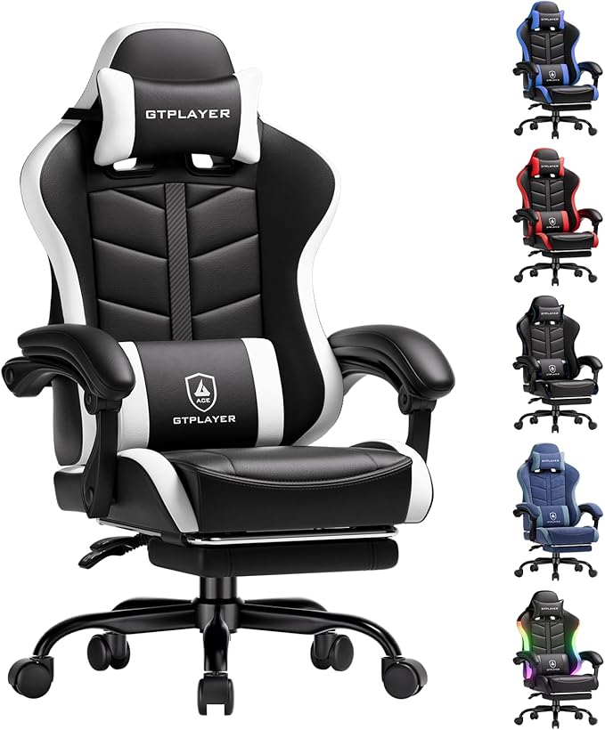 GTPLAYER Gaming Chair for Adults Ergonomic Computer Gaming Chair with Footrest Height Adjustable 90-155° Recline &amp Removable Headrest Lumbar Support White