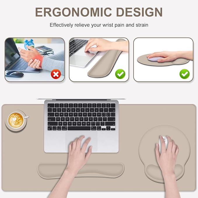 4 PCS Mouse Pad Desk Mat Protector Keyboard Wrist Rest + Comfortable Mouse Pad Wrist Rest +Coaster Large Gaming Mousepad for Computer Laptop 35.4X 15.7 Deskpad for Office Home I Apricot