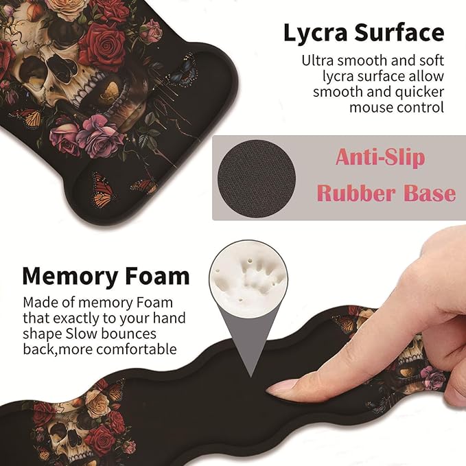 3 in 1 Keyboard Wrist Rest + Mouse Pad and Coaster Ergonomic Gel Mouse Pad and Keyboard Pad Set Comfortable Lightweight for Easy Typing Pain Relie Butterflies Roses and Skull