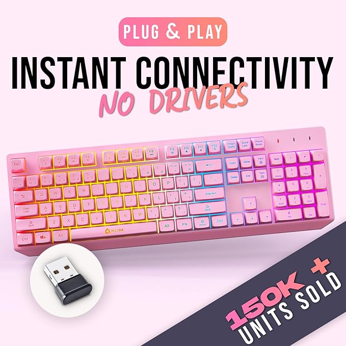 KLIM Chroma Pink Wireless Keyboard – RGB Backlit Rechargeable Battery Wireless Keyboard with Water-Resistant Durable Design Compatible with PC Mac PS4 PS5
