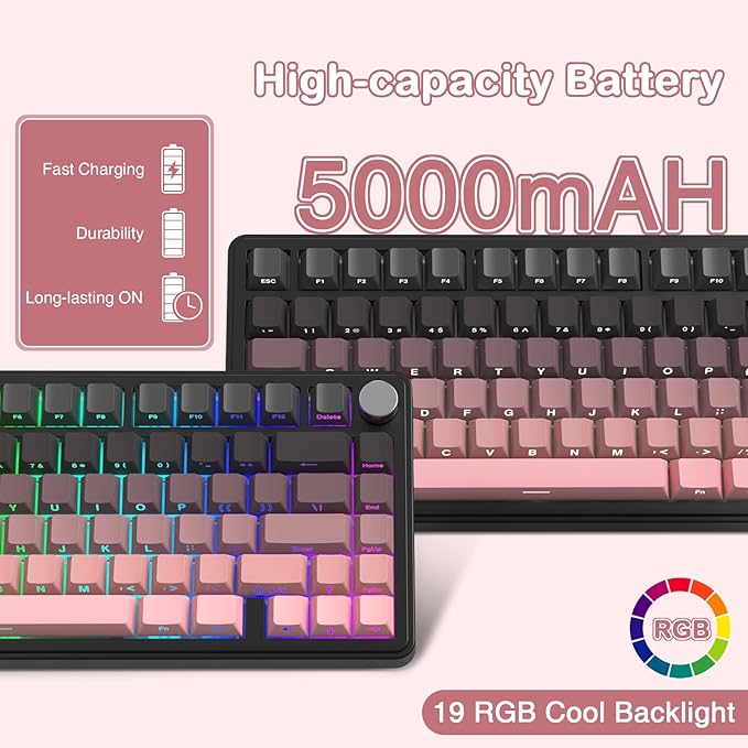 ATTACK SHARK X85 Wireless Mechanical Gaming Keyboard with KnobHot SwapBT/2.4GHz/USB-CSide Print PBT KeycapsGasketRGBCoiled CableLinear White Jade Switch for Win/PC/MAC