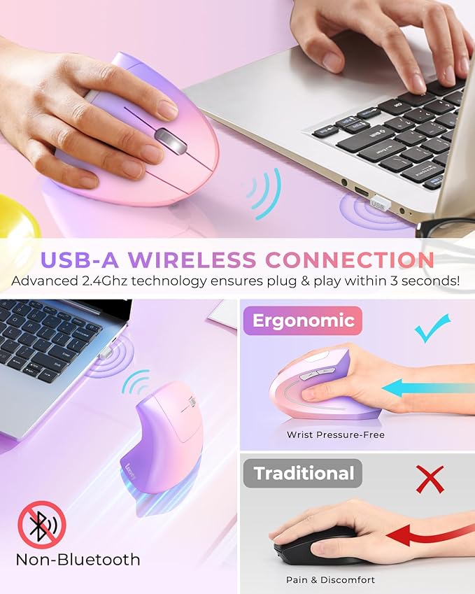 Lekvey Ergonomic Mouse Vertical Wireless Mouse Rechargeable 2.4 GHz Optical Carpal Tunnel Mouse : 800/1200/1600 DPI 6 Buttons for Laptop PC Mac Computer Desktop Notebook etc Pink to Purple