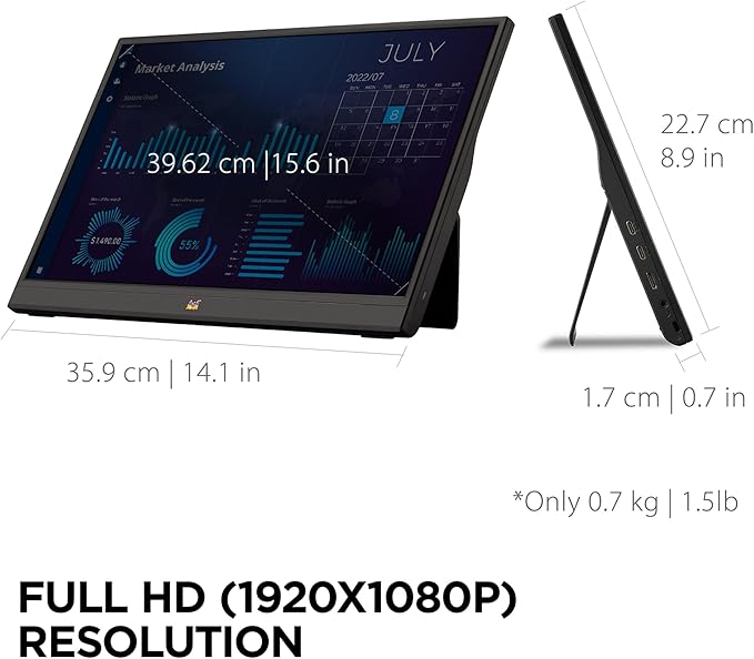 ViewSonic VA1655 15.6 Inch 1080p FHD IPS Portable Monitor with Built-in Stand 60W USB C Mini HDMI Protective Case and Speakers for PC Mac Gaming Consoles Phones