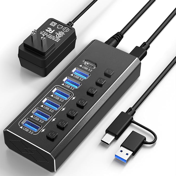 Powered USB Hub 3.2 Leinsis 7-Port USB 3.0 Hub [Durable Aluminum] 7 Data Transfer Ports+ 4 Smart Charging Ports with Individual On/Off Switches USB Hub 3.0 Powered with Power Adapter for Laptop PC