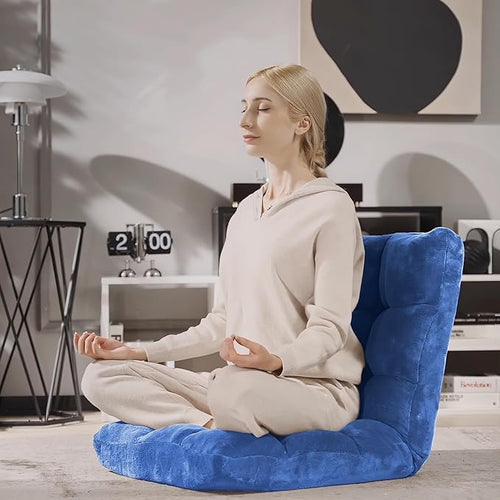 14-Position Lazy Sofa Chair with Soft Coral Fleece Folding Gaming Chair Couch Recliner Floor Seat for Reading Meditating Yoga (Blue)