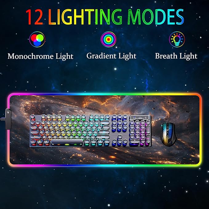 RGB Gaming Mouse Pad Large Mousepad with Led Light Gaming Accessories Keyboard Pad for Desk Non-Slip Rubber Base Big Mouse Mat for Gamer 31.5 X 11.8 Inch Golden Galaxy