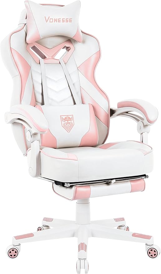 Vonesse Pink Gaming Chair Big and Tall Gaming Chair with Footrest and Massage Gaming Chairs for Adults with Lumbar Support Ergonomic High Back Computer Chair with Pocket Spring Cushion (White/Pink)